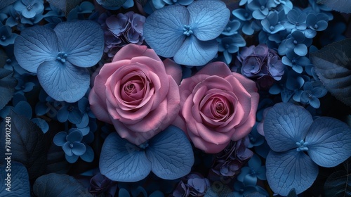   Two pink roses are surrounded by blue and purple flowers Leaves border the petals on both sides