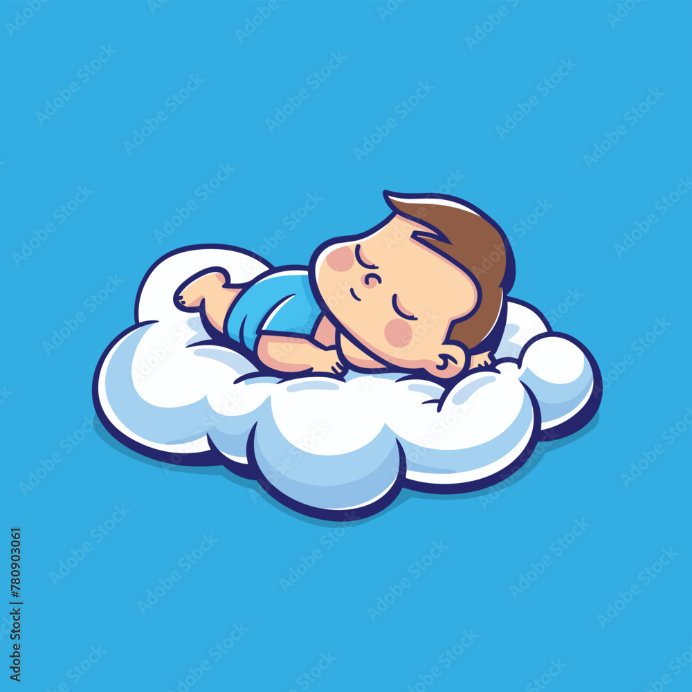 Cute little baby sleeping on fluffy cloud cartoon illustration flat vector design Cute little baby sleeping on fluffy cloud cartoon illustration flat vector design