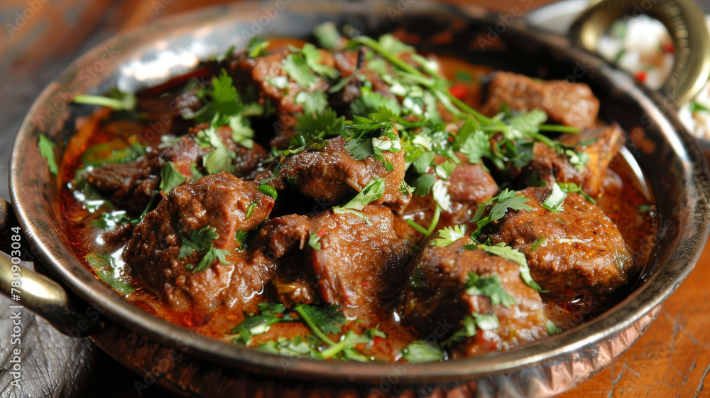 Succulent serving of karahi gosht garnished with fresh cilantro on a wooden table Succulent serving of karahi gosht garnished with fresh cilantro on a wooden table