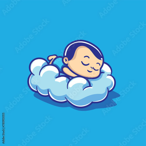 Cute little baby sleeping on fluffy cloud cartoon illustration flat vector design