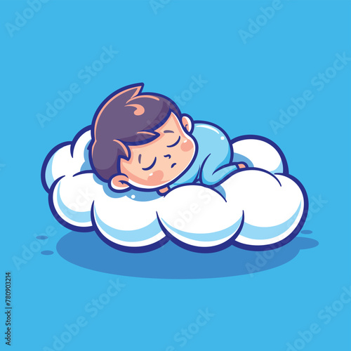 Cute little baby sleeping on fluffy cloud cartoon illustration flat vector design