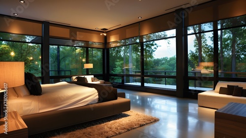 An ultra-modern bedroom featuring smart windows that transition from transparent to opaque with the touch of a button, surrounded by contemporary furnishings and soft, ambient lighting. 