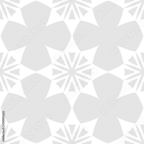 Subtle vector abstract geometric seamless pattern. Simple ethnic texture with ornamental grid, big flower shapes, stars, repeat tiles. Ethnic folk motif.   Light gray background. Repeating geo design