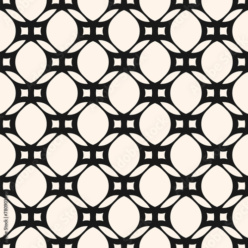 Vector monochrome geometric seamless pattern with rounded grid, net, mesh, lattice, circles, curved lines. Simple abstract black and white background. Geometric ornament texture. Repeated geo design