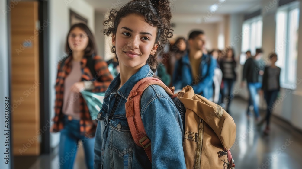 Obraz premium Different ethnicities university students moving at dorm, many luggage, bags near. Generative ai