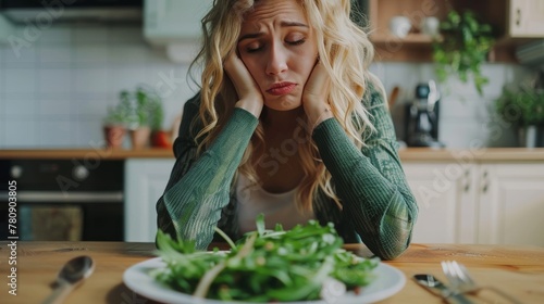 Unhappy woman with a plate of green salad on table in kitchen is depressed during dieting. The concept of negative consequences of a strict diet. Generative ai