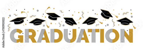 Graduation greeting sign with square academic caps high into the air. Vector design for graduation, congratulation ceremony, invitation card, banner. Grads symbol for university, high school