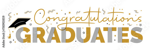 Congratulations graduates banner concept. Congrats graduates text with mortarboard cap and gold confetti. Graduation vector design template for websites, social media, greeting cards, party invitation