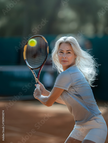 Woman Holding Tennis Racquet on Tennis Court © Jorgarsan