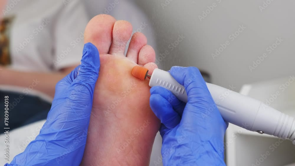 A professional podologist cleanses the skin of calluses and warts on the sole of a woman client with a special electric burr twister tool. Foot care A professional podologist cleanses the skin of calluses and warts on the sole of a woman client with a special electric burr twister tool. Foot care