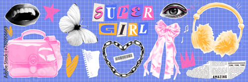 Elements with a 2000's girl aesthetic. Trendy halftone collage, cut out letters and torn paper. Contemporary vector design.