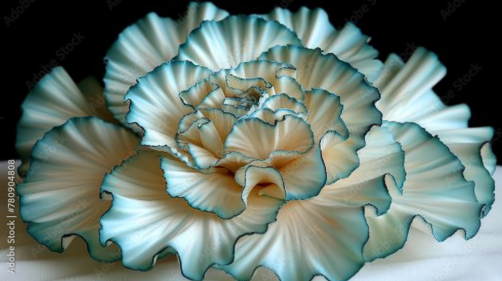 A blue-and-white flower sits atop a table, its white tablecloth draped beneath A blue-and-white flower sits atop a table, its white tablecloth draped beneath