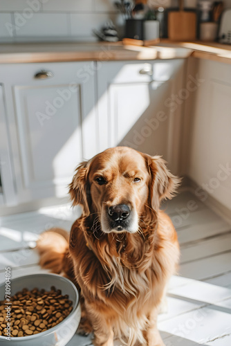 Depicting Weighty Challenge: Golden Retriever Refusing to Eat His Fill in Bright Kitchen