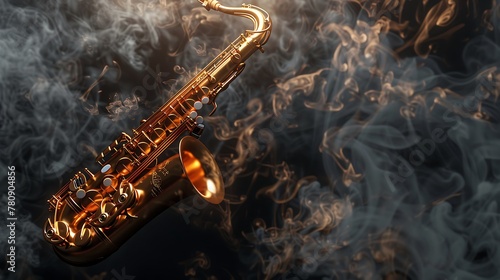 Golden shiny alto saxophone on black background with smoke. copy space