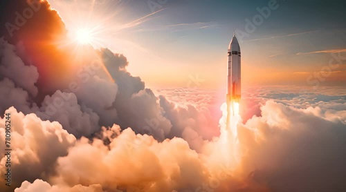 Powerful rocket pierces sunrise sky trailing fire as it breaks through sea of clouds photo