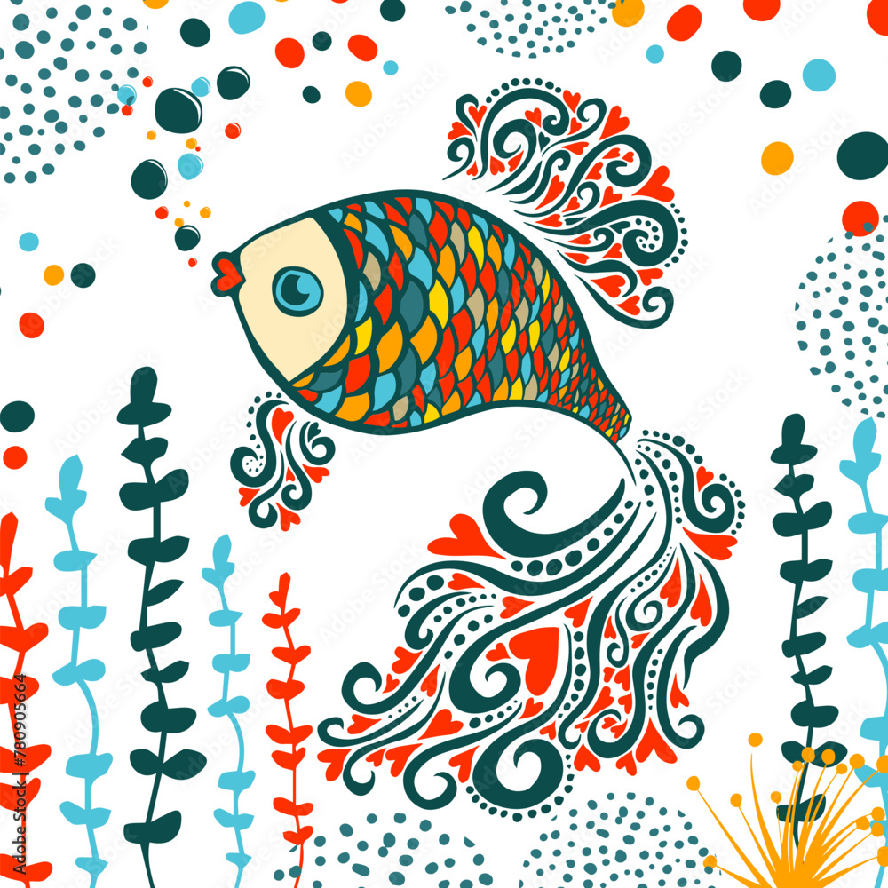 Bright color goldfish poster. Hand drawing. Not AI. Vector illustration.