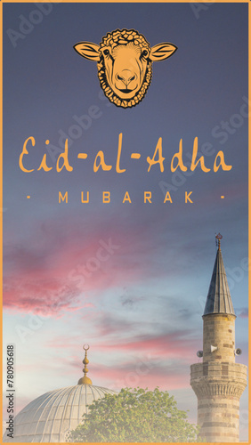 Eid al-Adha celebration card featuring a sheep design, mosque dome, and minaret silhouette against a dusk sky. History, post. Vector illustration