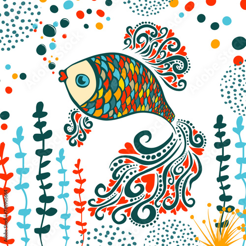 Bright color goldfish poster. Hand drawing. Not AI. Vector illustration.