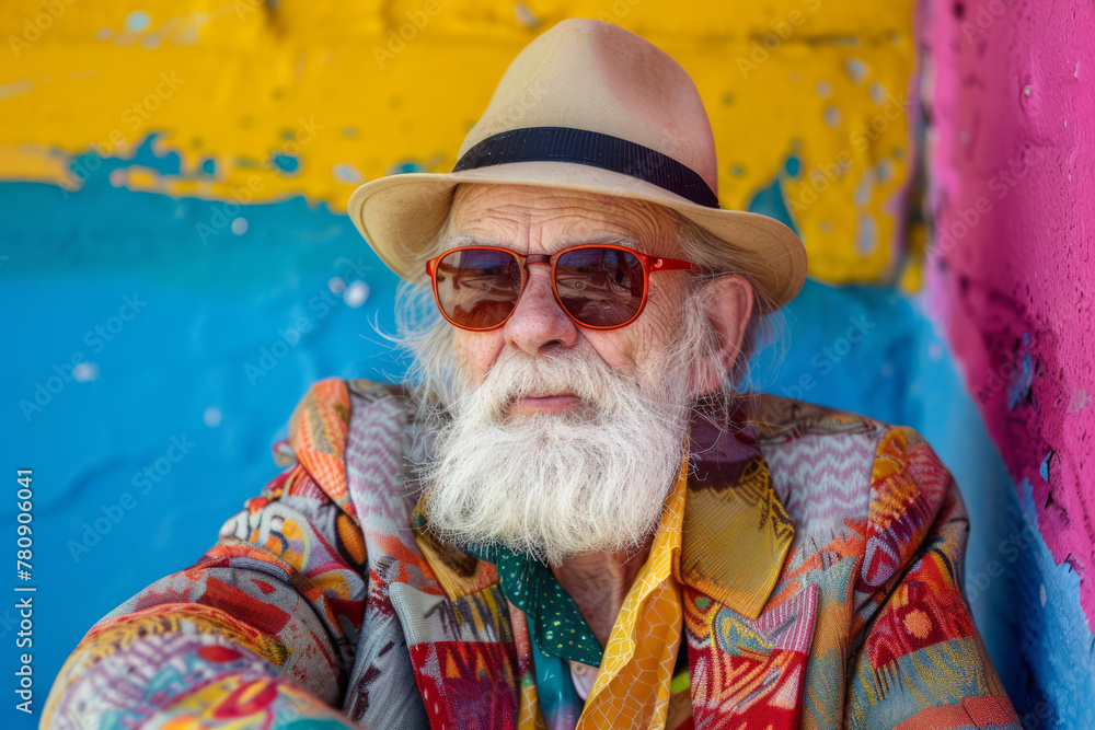 Beautiful style old man with beard wears colorful clothes. Generative AI Beautiful style old man with beard wears colorful clothes. Generative AI