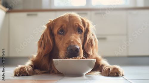 Depicting Weighty Challenge: Golden Retriever Refusing to Eat His Fill in Bright Kitchen