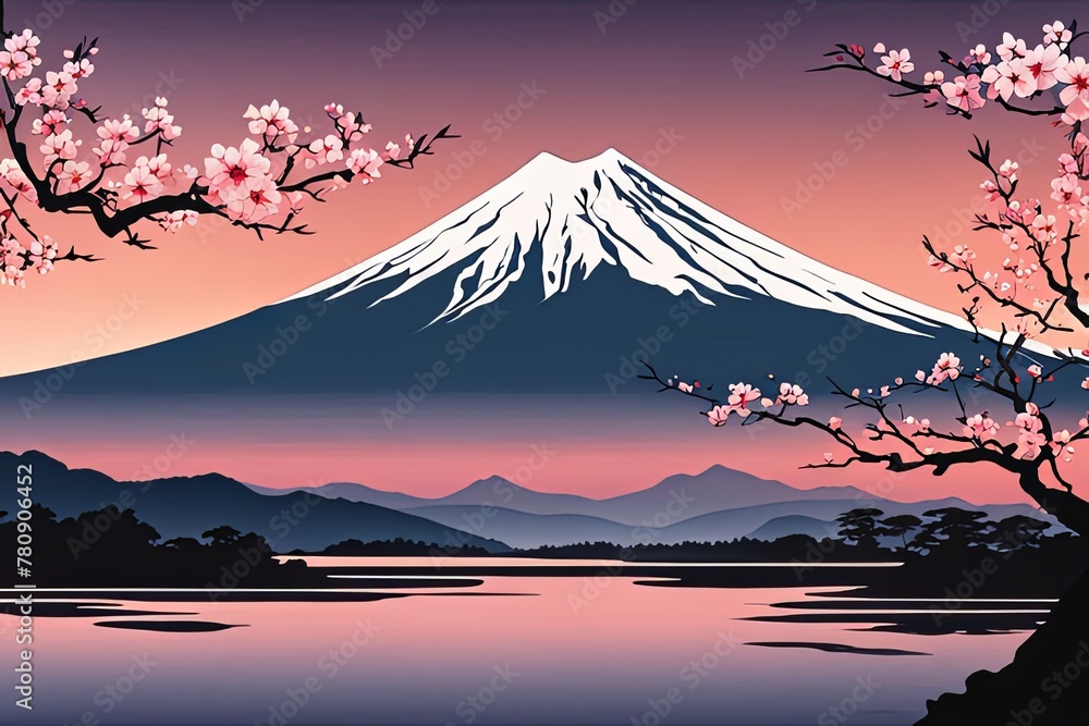 Majestic Mount Fuji, Japans iconic peak, bathed in warm hues of breathtaking sunset. Tranquil beauty of scene is accentuated by blending colors of sky. For art, creative projects, fashion, magazines.