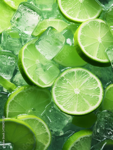 Fresh juicy wet lime and ice tubes, vibrant lemon slices floating amidst crystal clear ice cubes. Citrus fruits with drops of water. Flat lay, top view 