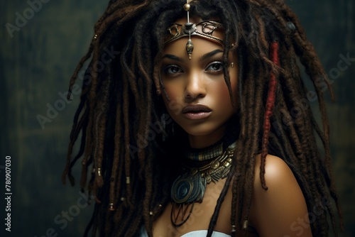 African American tribal warrior woman with dreadlocks in traditional attire portrait