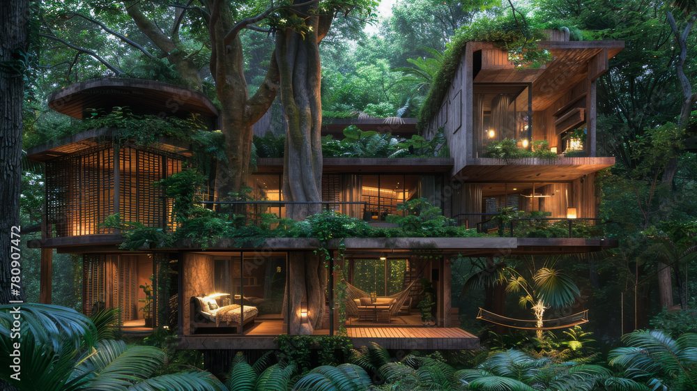 The Magic of a Treehouse Amidst Lush Rainforest Canopy - obrazy, fototapety, plakaty 