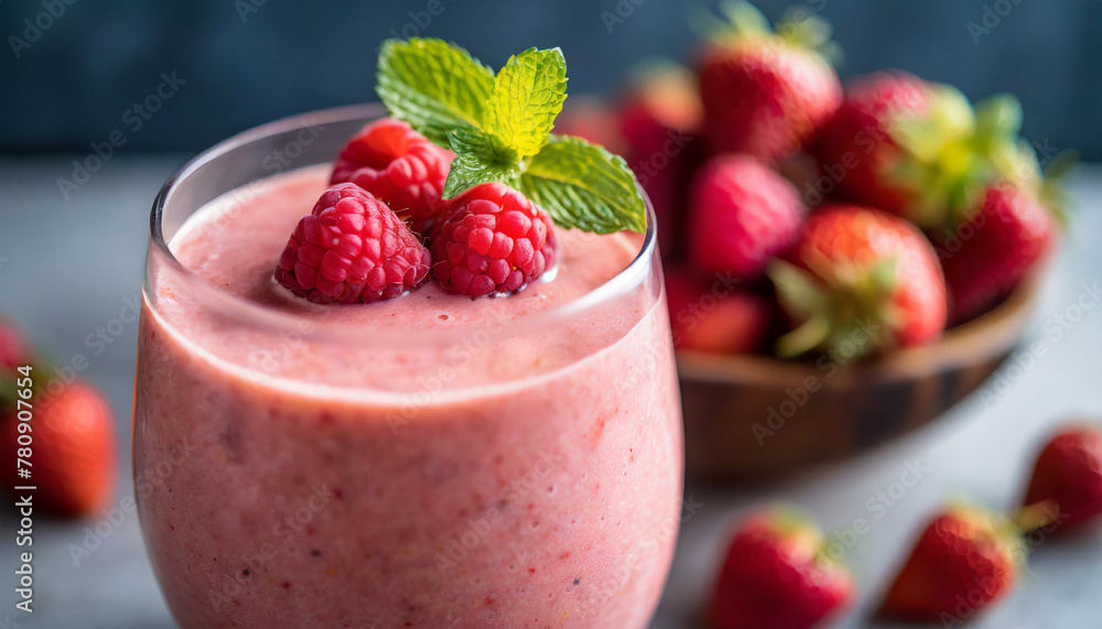 Close-up of fresh fruity smoothie in glass with raspberries Close-up of fresh fruity smoothie in glass with raspberries