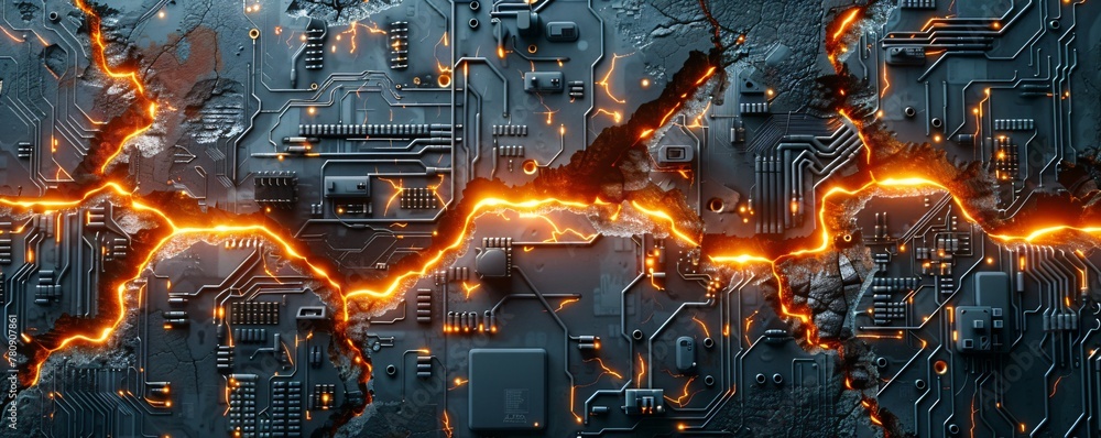 high-tech circuit board on a cracked background
