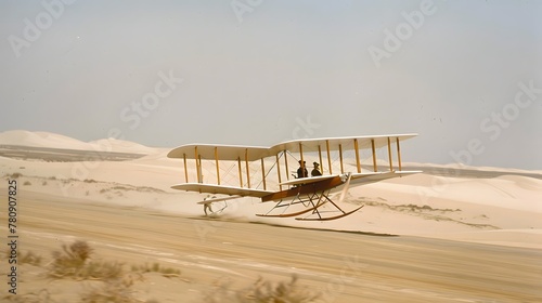 The first flight of the Wright Brothers in 1903, showing a wooden biplane taking off from a sandy ground with Orville Wright piloting and Wilbur Wright running alongside photo