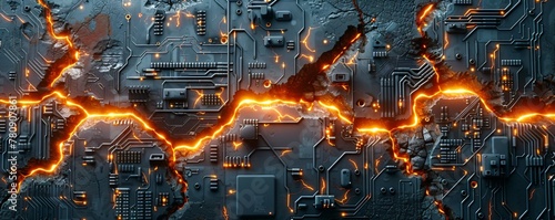 high-tech circuit board on a cracked background