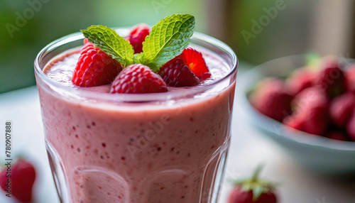 Close-up of fresh fruity smoothie in glass with raspberries