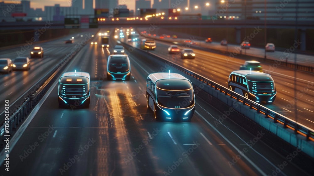 uturistic robotaxi or trucks fleet on highway with full self driving system activated for transportation autonomy concepts