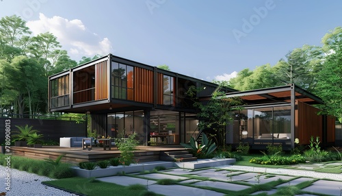 Modern container house, Modern shipping container house, modern industry exterior style house made from converted shipping container, Modern shipping container house home, tiny house in sunny day. Shi photo