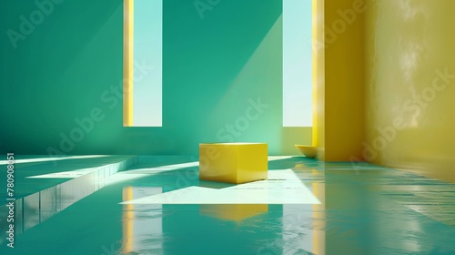 This composition highlights intriguing shadows, reflections, and volumetric lighting. A vibrant yellow block stands out against a turquoise backdrop, creating a minimalist yet striking contrast. 