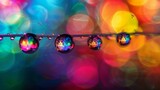 Colorful water droplets balanced on a slender rod create a vibrant display, reflecting a spectrum of colors and forming an abstract background.