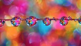 Colorful water droplets balanced on a slender rod create a vibrant display, reflecting a spectrum of colors and forming an abstract background.