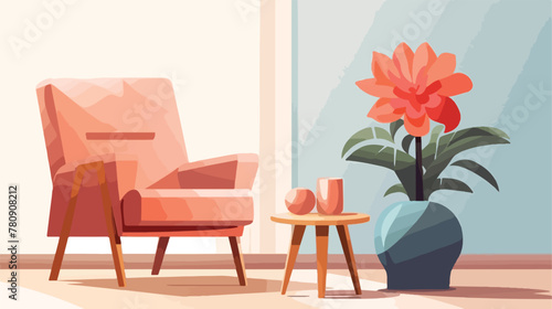 Armchair table with a flower in a pot. Modern minim photo