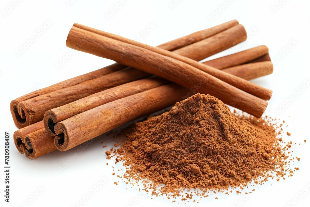 Aromatic cinnamon sticks and ground spice heaped on a white background, culinary and festive concept Aromatic cinnamon sticks and ground spice heaped on a white background, culinary and festive concept