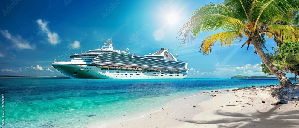 Fototapeta premium Luxury cruise liner moored off a tropical caribbean beach with overhanging palm tree