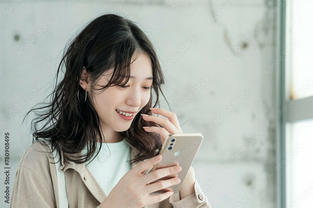 Smiling young japanese woman enjoying social media on smartphone, urban setting with copyspace Smiling young japanese woman enjoying social media on smartphone, urban setting with copyspace