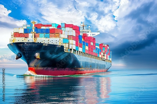 Massive cargo ship laden with colorful containers crossing international waters under cloudy sky