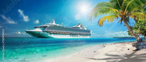 Luxury cruise liner moored off a tropical caribbean beach with overhanging palm tree