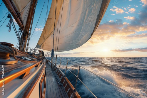 Sailing yacht cruising into sunset on open sea with golden light reflecting on waves