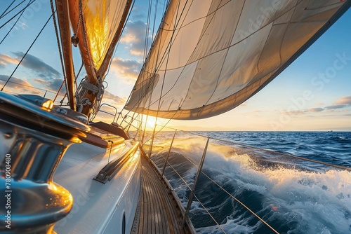 A yacht sails on the open sea, basked in the glow of the setting sun with sails full and waves cresting