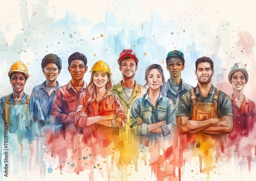 Labor Day. Watercolor illustration of a diverse group of workers from various professions.