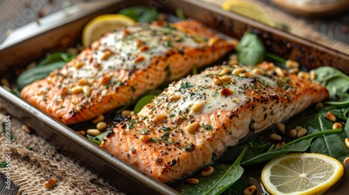  A tight shot of two salmon fillets in a skillet, surrounded by spinach leaves Lemon wedges sit at the edge