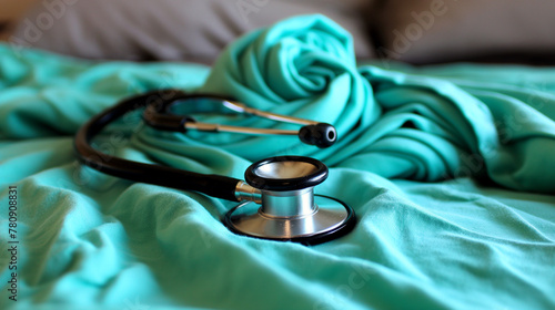 Zbliżenie na stetoskop leżący obok zielonego, szpitalnego materiału photo