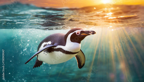 Lone penguin gracefully swims underwater as sunset rays illuminate the tranquil evening scene